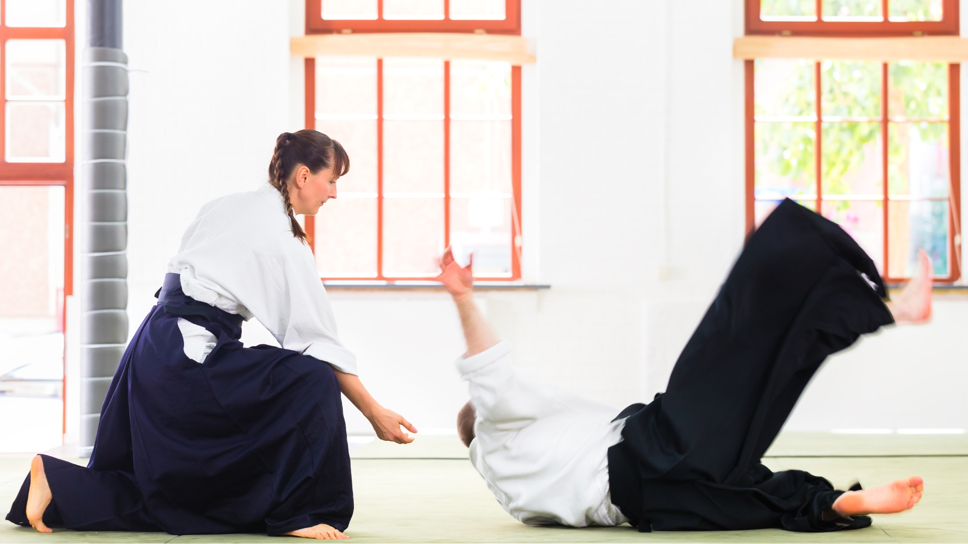 Comparing Hapkido vs Aikido by showing a martial arts student beating another in a dojo.